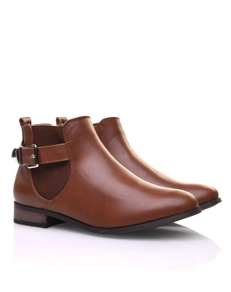 Bottines camel plates lanière et élastique décoratifs