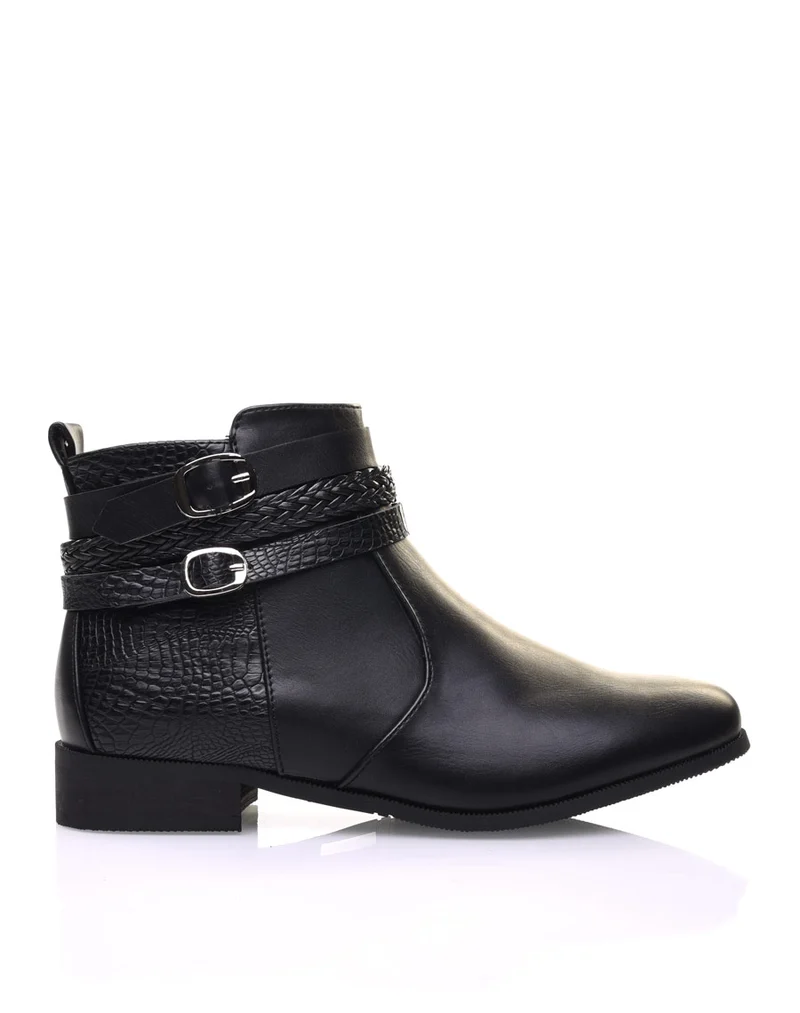 Bottines noires effet croco et lanières décoratives
