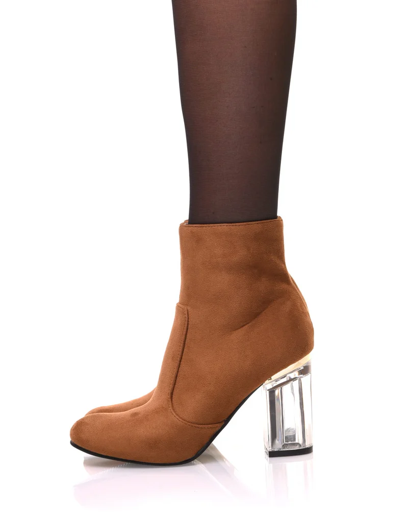 Bottines camel suédine à talons transparents