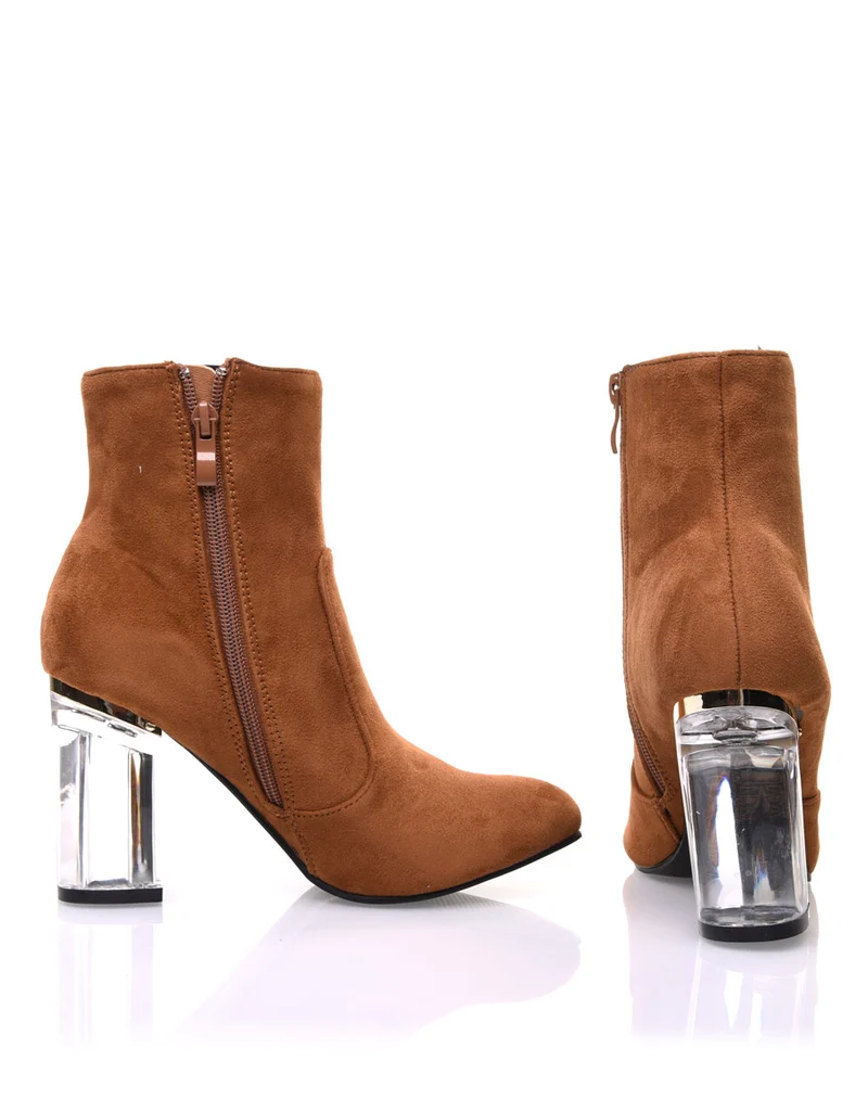 Bottines camel suédine à talons transparents