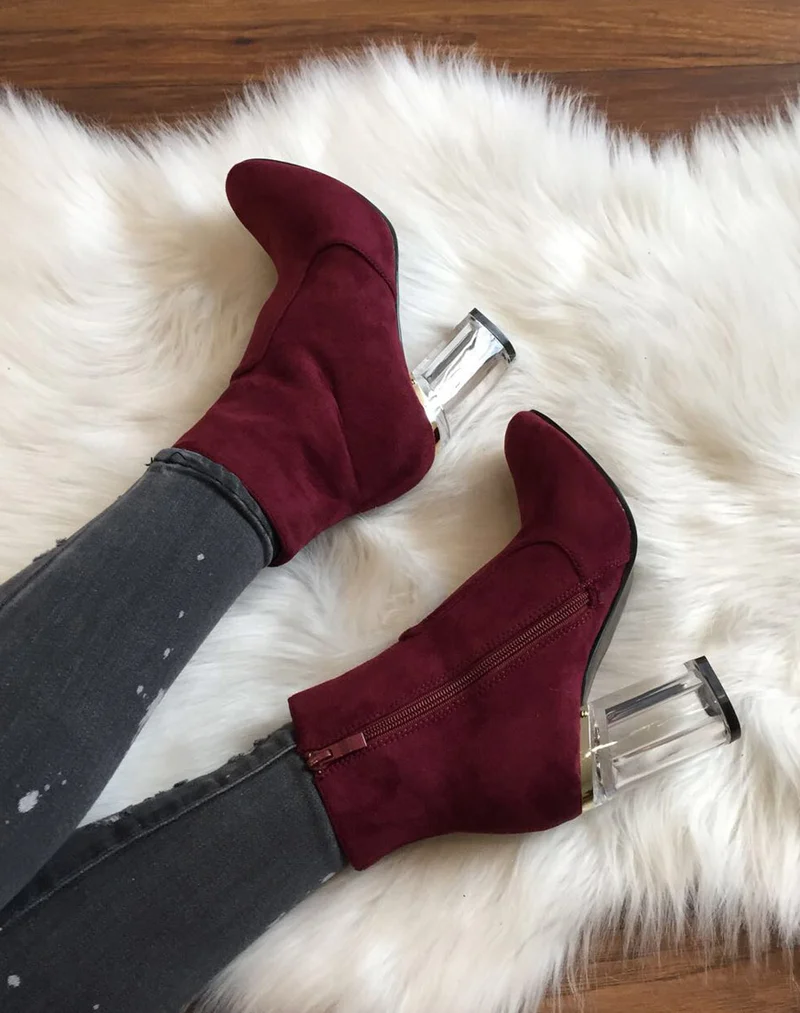 Bottines bordeaux suédine à talons transparents