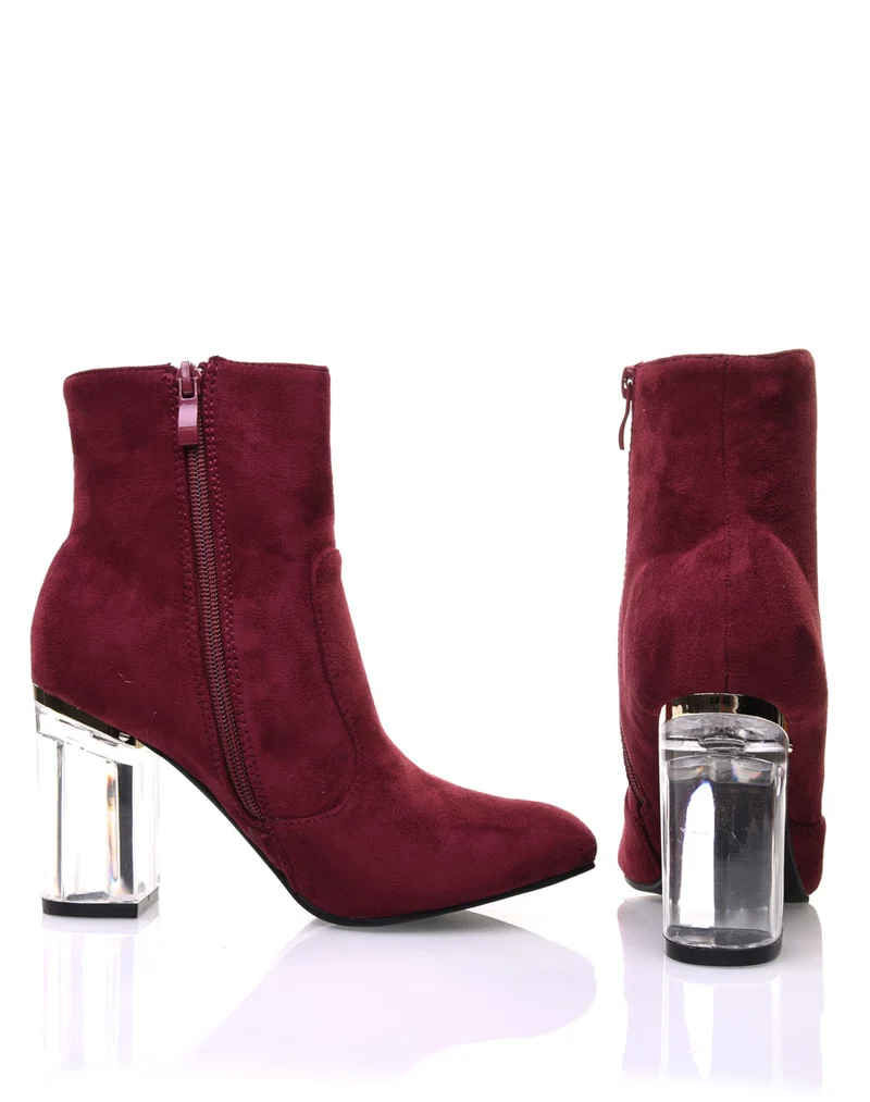 Bottines bordeaux suédine à talons transparents