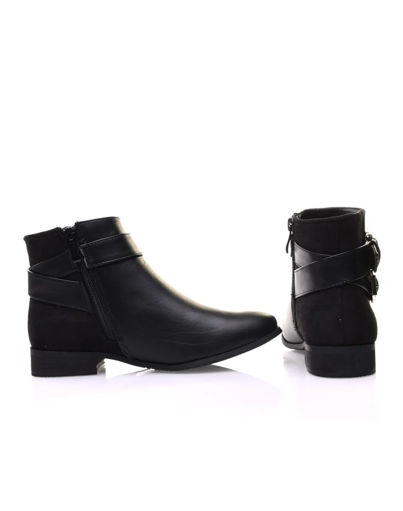 Bottines noires plates lanières à sangles décoratives
