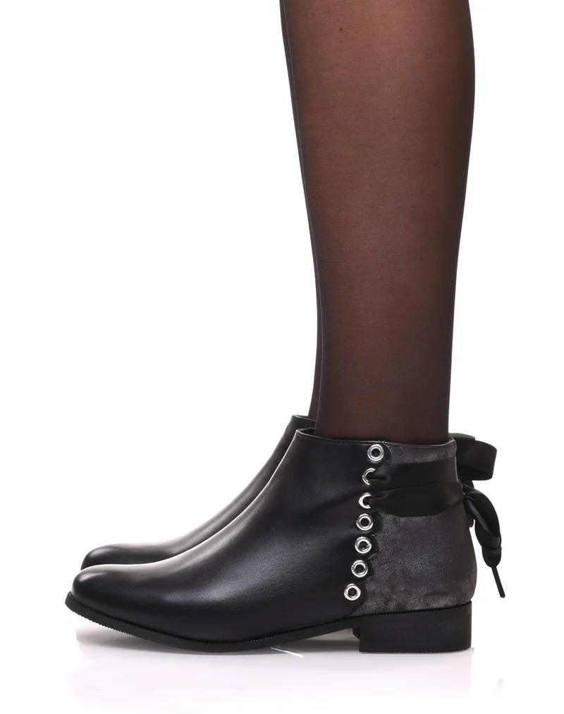 Bottines noires plates lacet décoratif en satin
