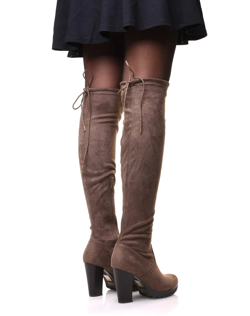 Cuissardes taupes en suédines talons hauts