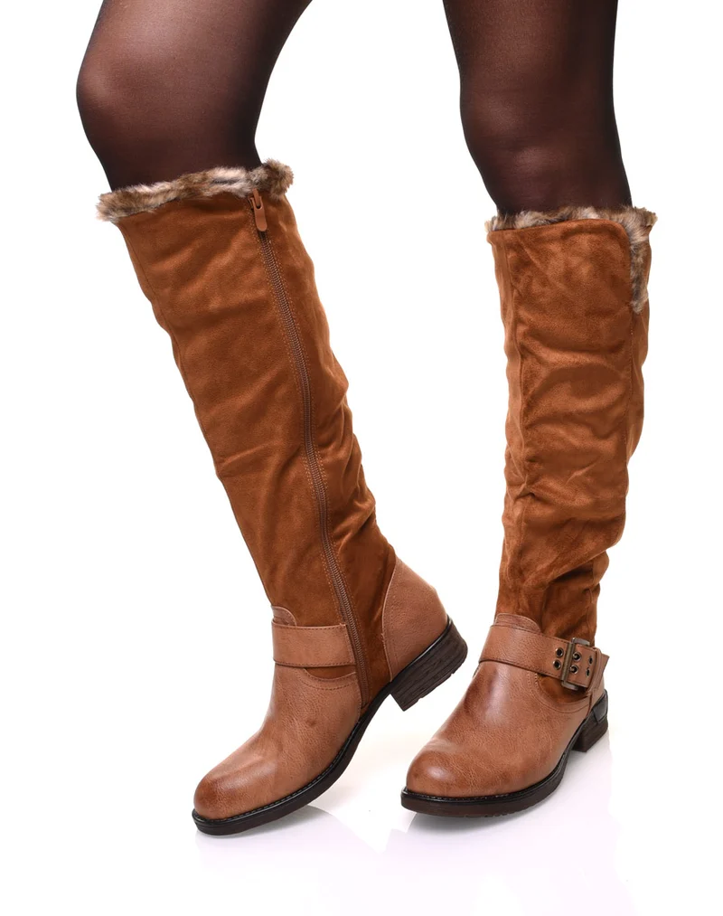Bottes camel bi matières fourrées