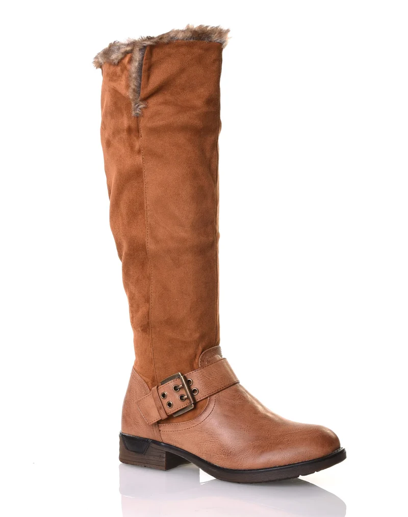 Bottes camel bi matières fourrées
