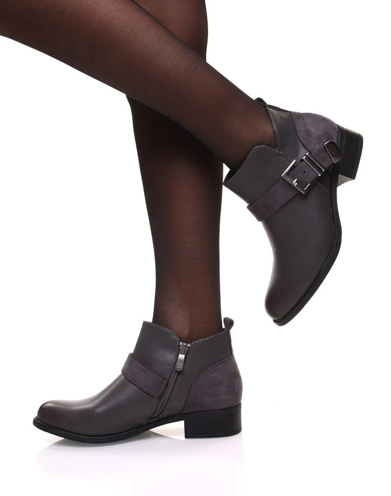 Bottines plates grises empiècements suédines