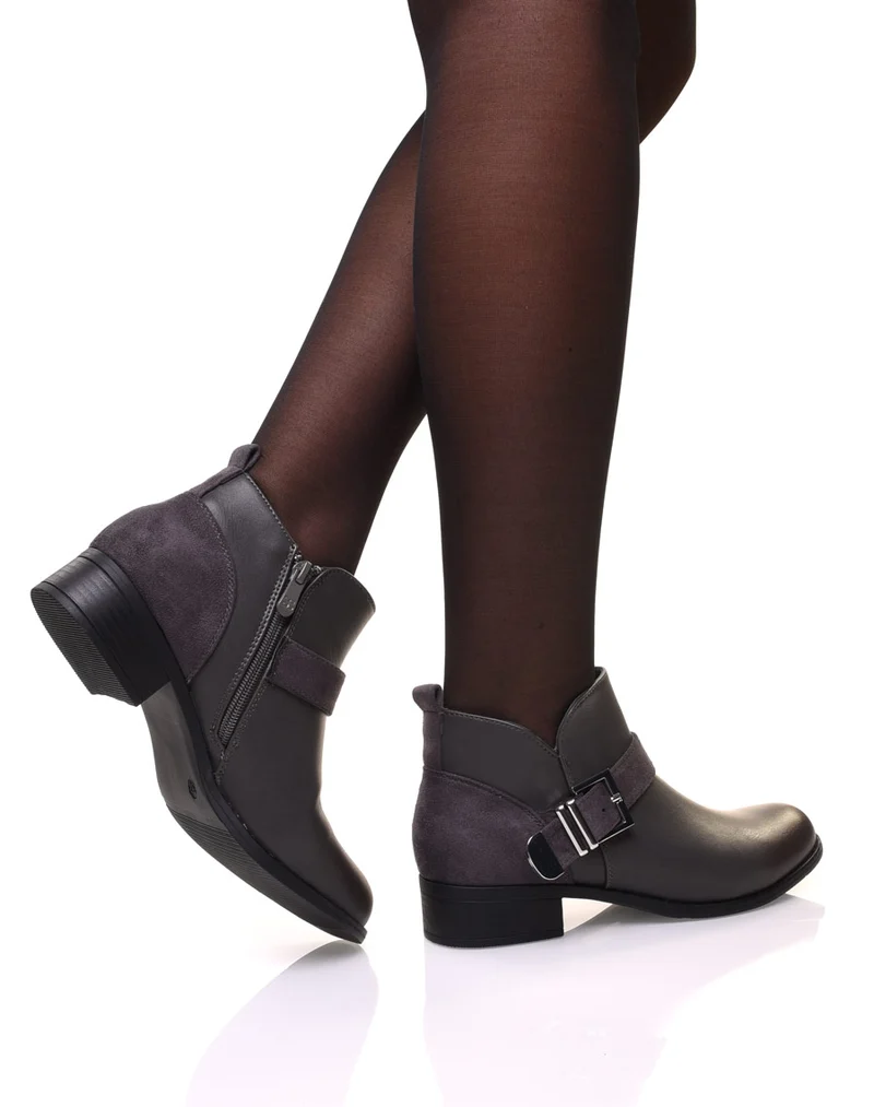 Bottines plates grises empiècements suédines