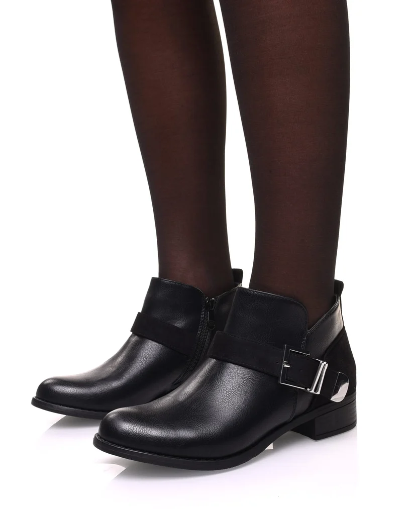 Bottines plates noires empiècements suédines