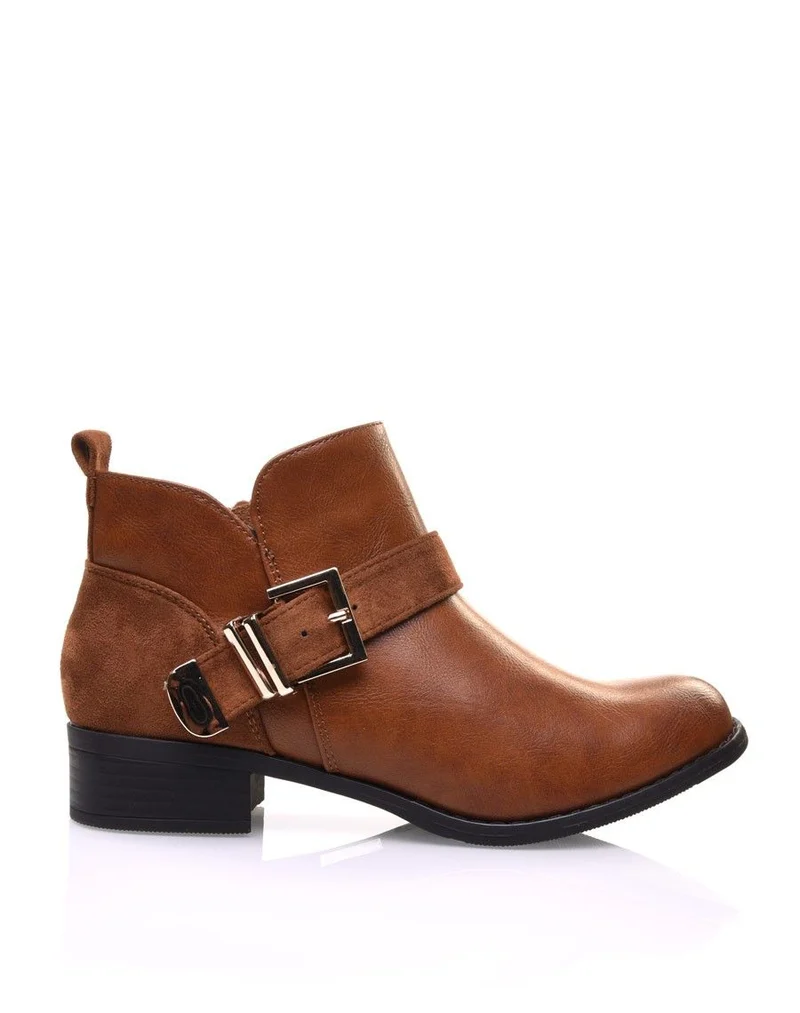 Bottines plates camel empiècements suédines