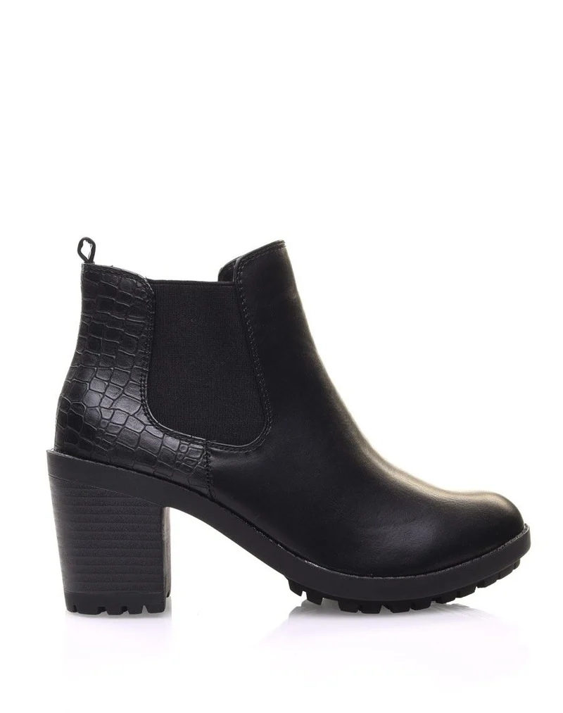 Chelsea boots noires à talon et effet croco