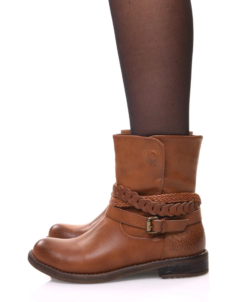 Bottines motardes camel à lanières tressées