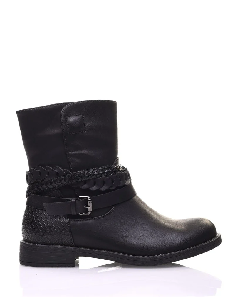 Bottines motardes noires à lanières tressées