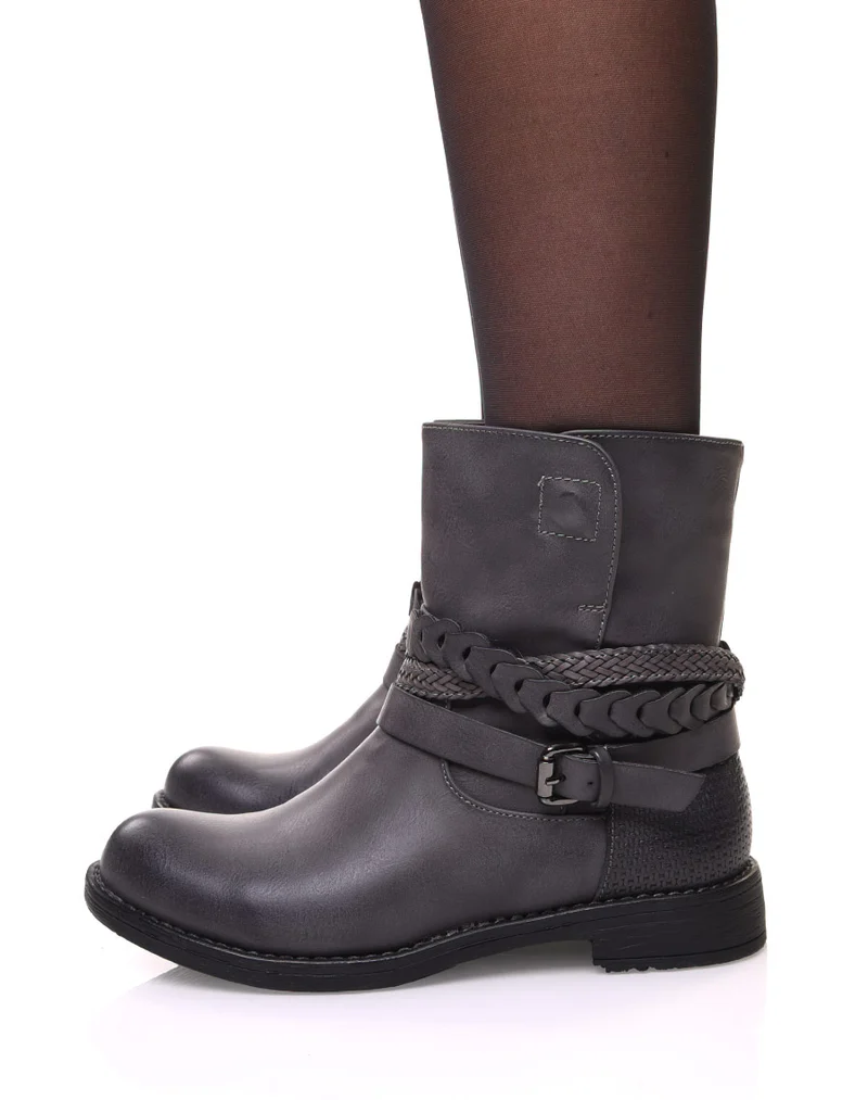 Bottines motardes grises à lanières tressées