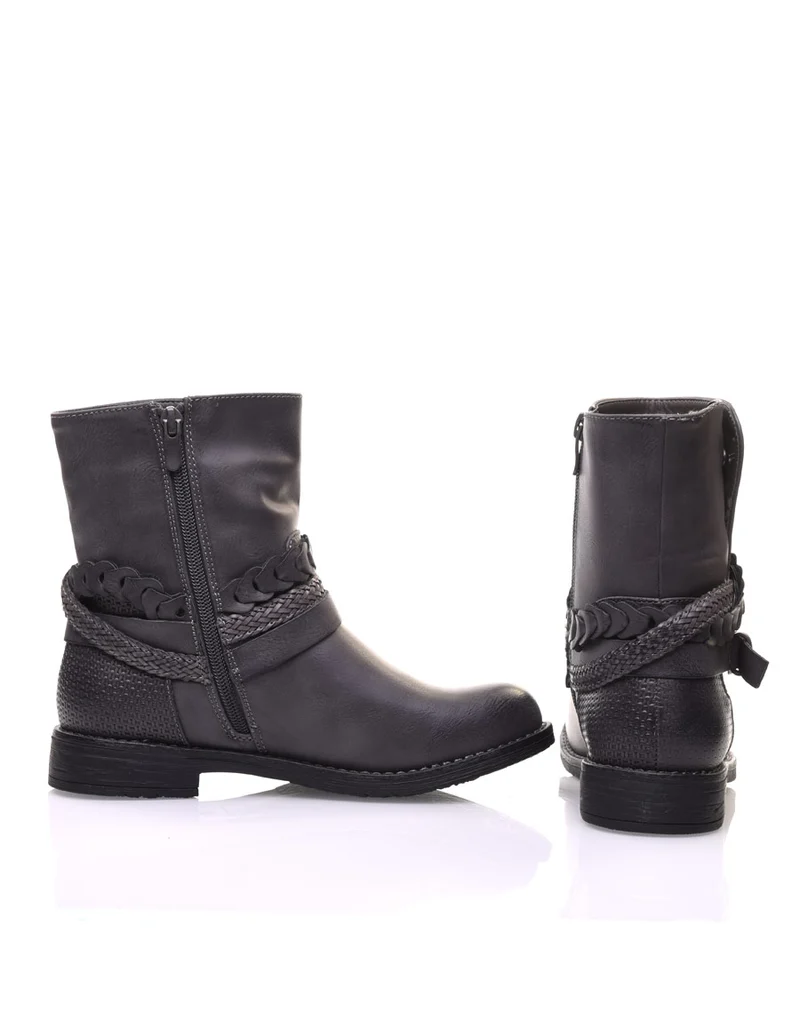 Bottines motardes grises à lanières tressées