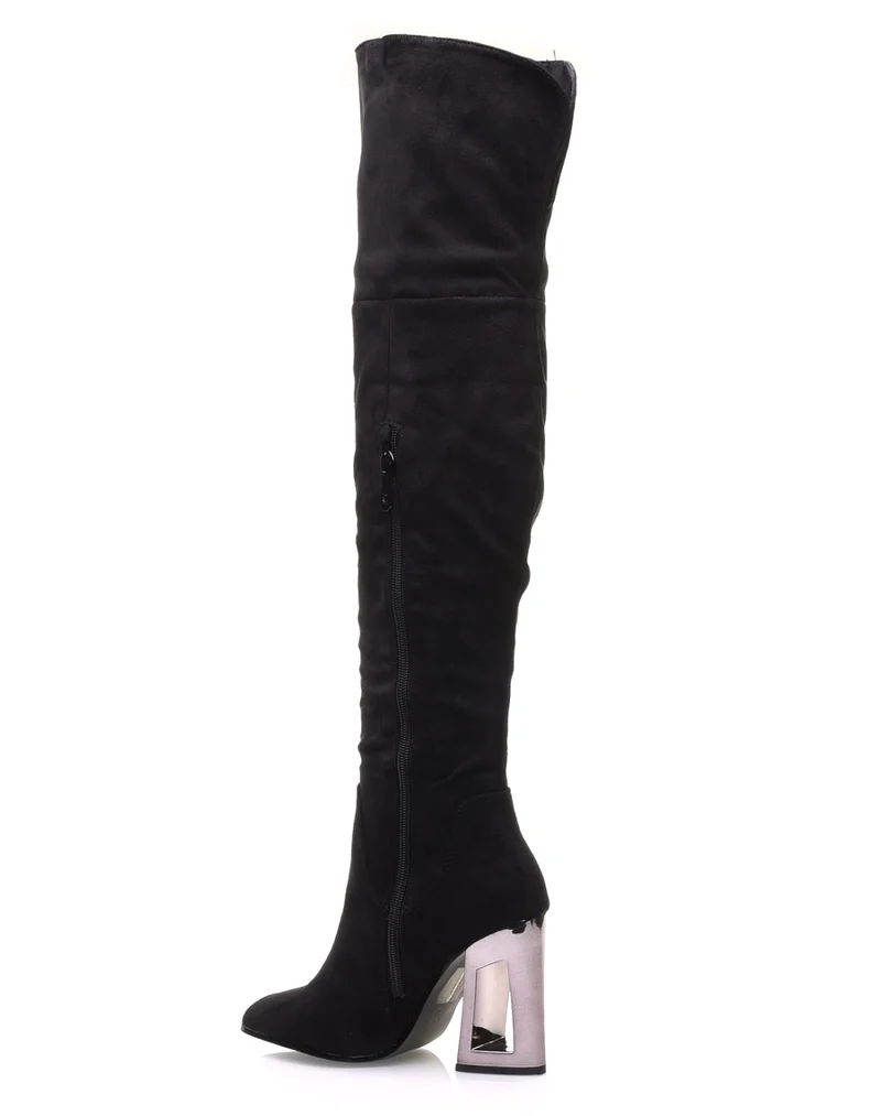 Cuissardes noires à talons graphiques métallisés