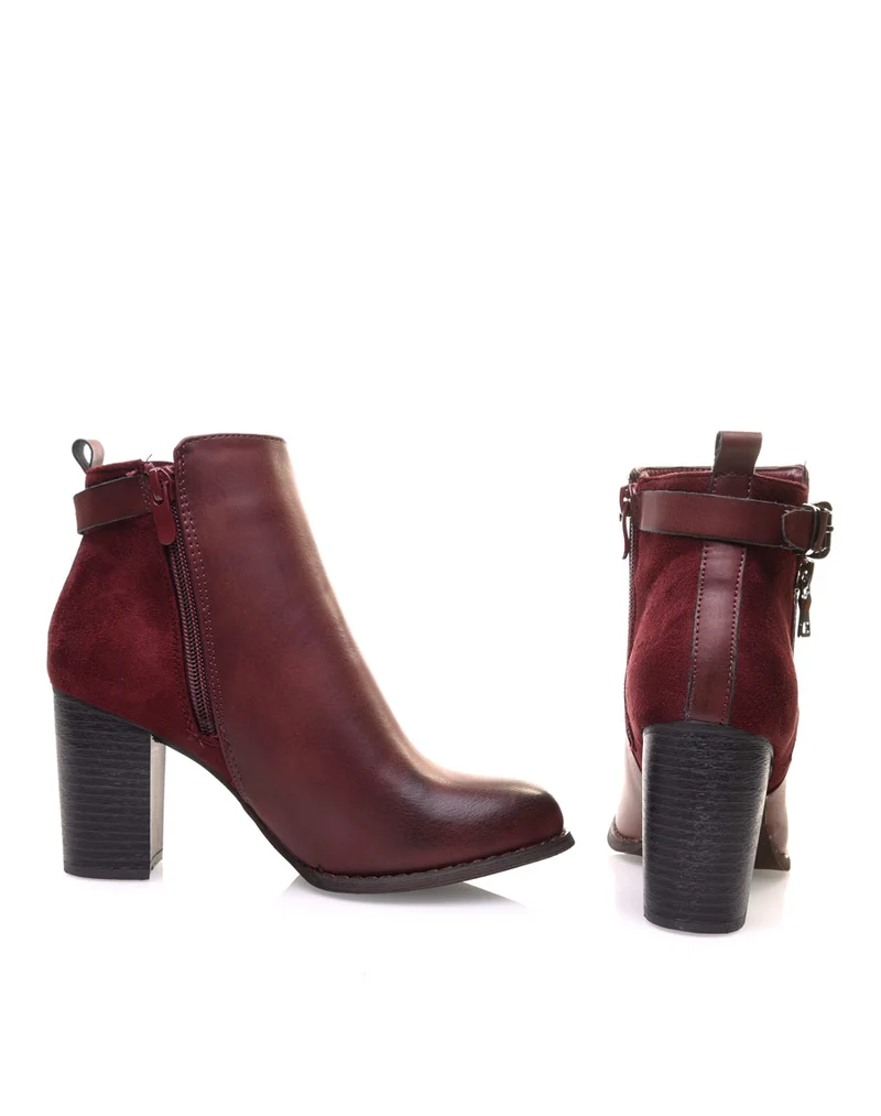 Bottines à talons bordeaux bi matières avec sangle