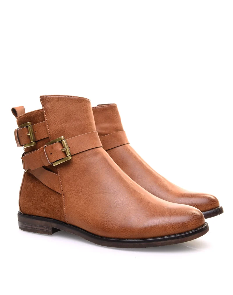 Bottines camel semi-montantes à boucles