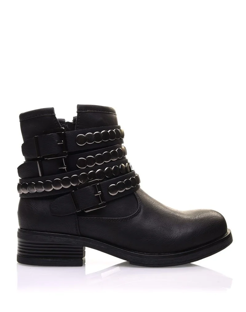 Bottines motardes noires à sangles et clous