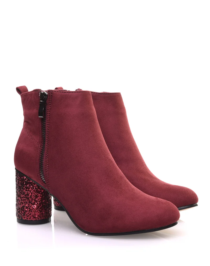 Bottines bordeaux à talons ronds et pailletés