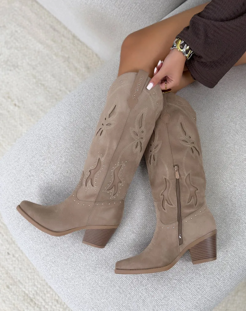 Botte femme beige tendance style santiag à strass argentés et talon épais biseauté