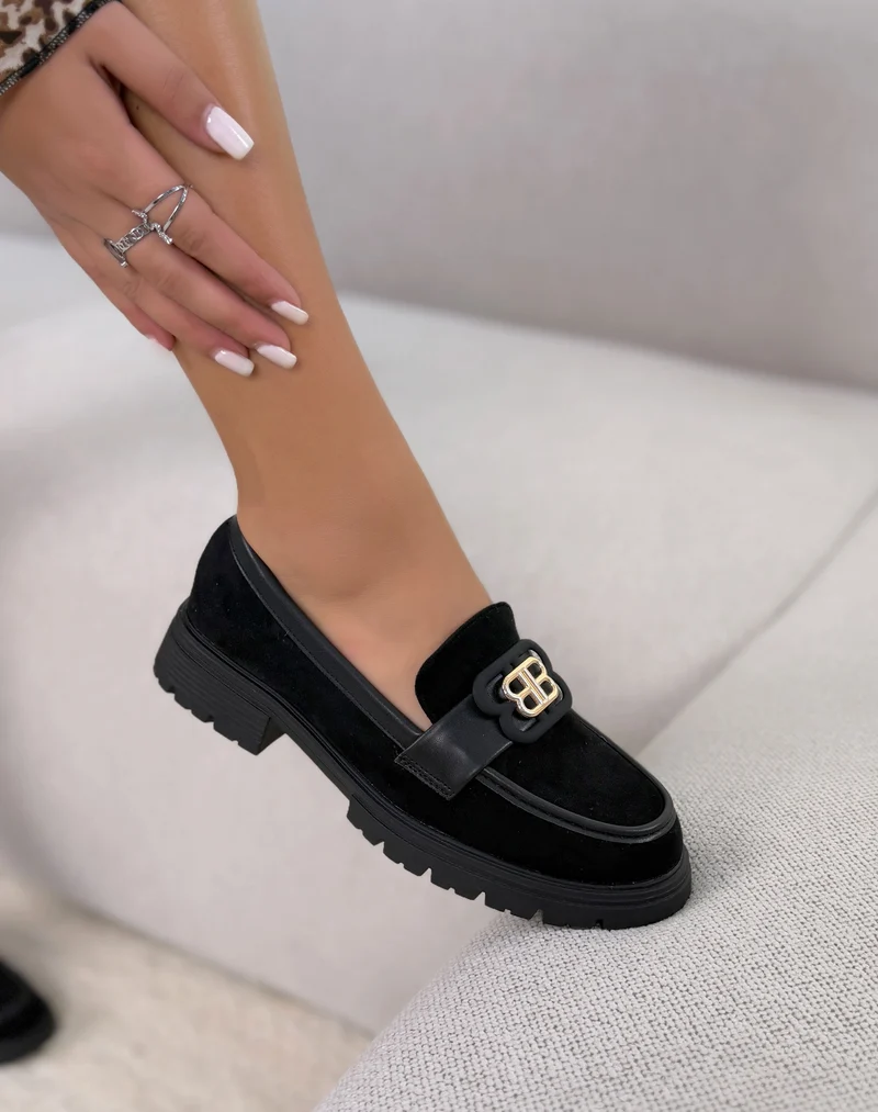 Mocassins femme noirs élégants bi-matière à bijou doré