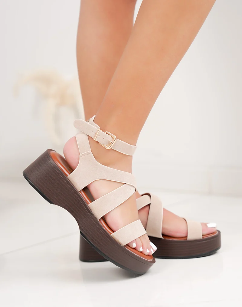 Mules beige lanière ajustable à petite plate-forme