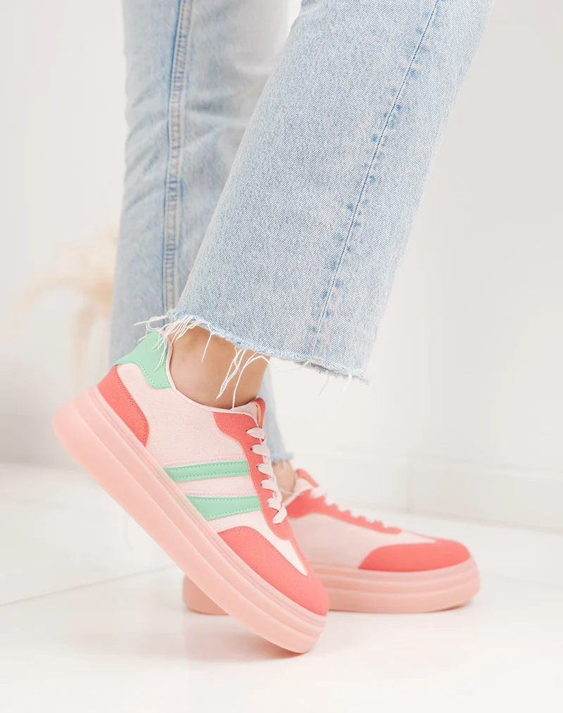 Basket femme rose tendance à double plateforme avec rayures vertes