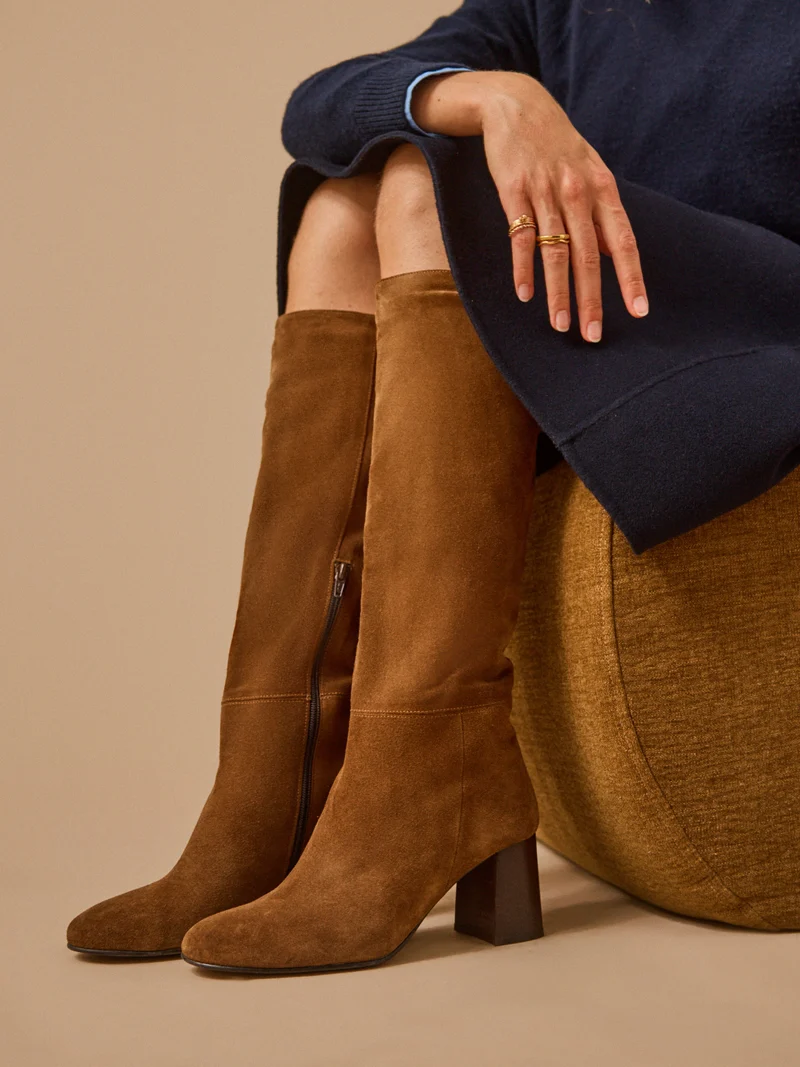 Bottes à talon cuir velouté femme