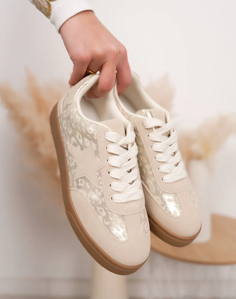 Basket femme beige tendance à plateforme marron avec motif léopard et étoile ton sur ton