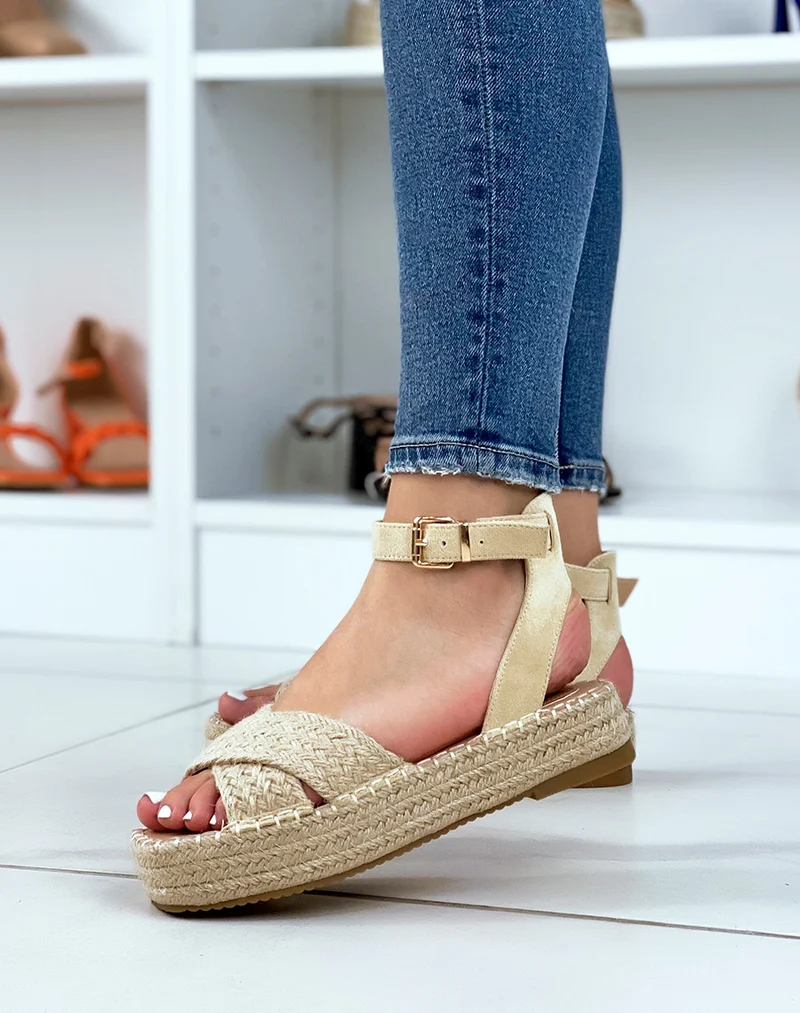 Sandales compensées beiges à bride croisées