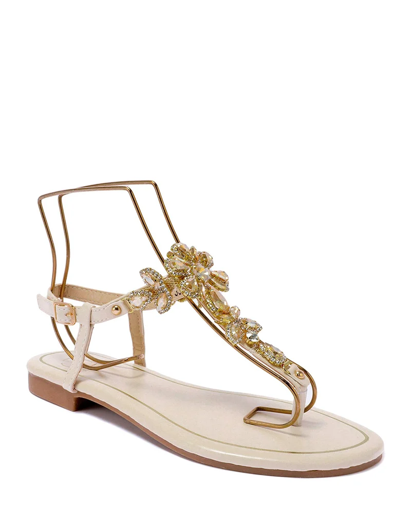 Nu-pieds beiges à multiples bijoux brillants beiges et dorés