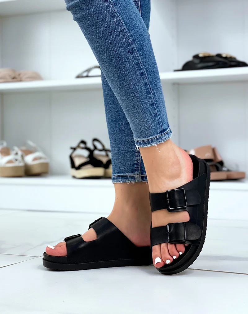 Mules noires à double brides avant