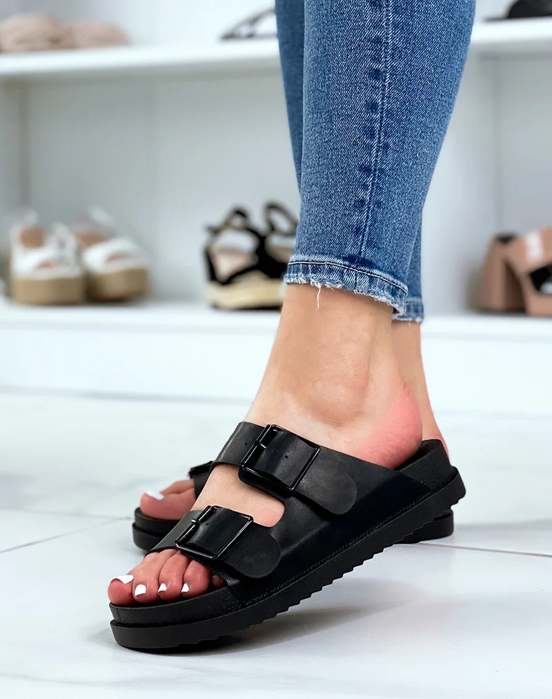 Mules noires à double brides avant