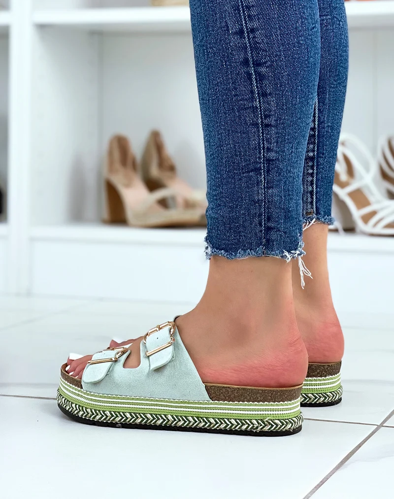 Mules plates vert d?eau ? double bride et semelle azt?que