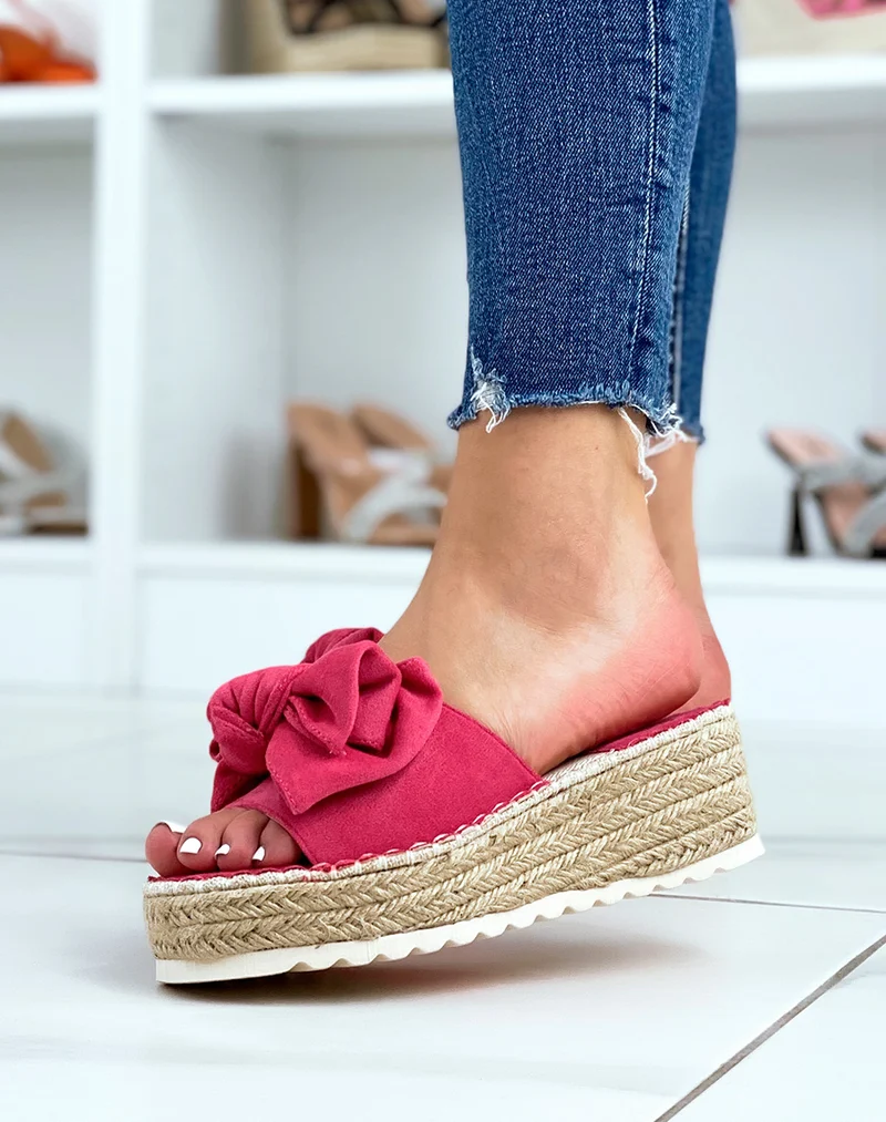 Mules compensées rose fushia à nœud
