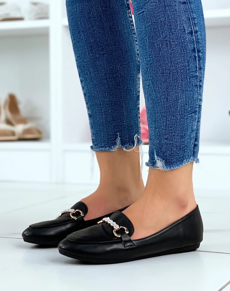 Mocassins noirs à boucles dorées et strass