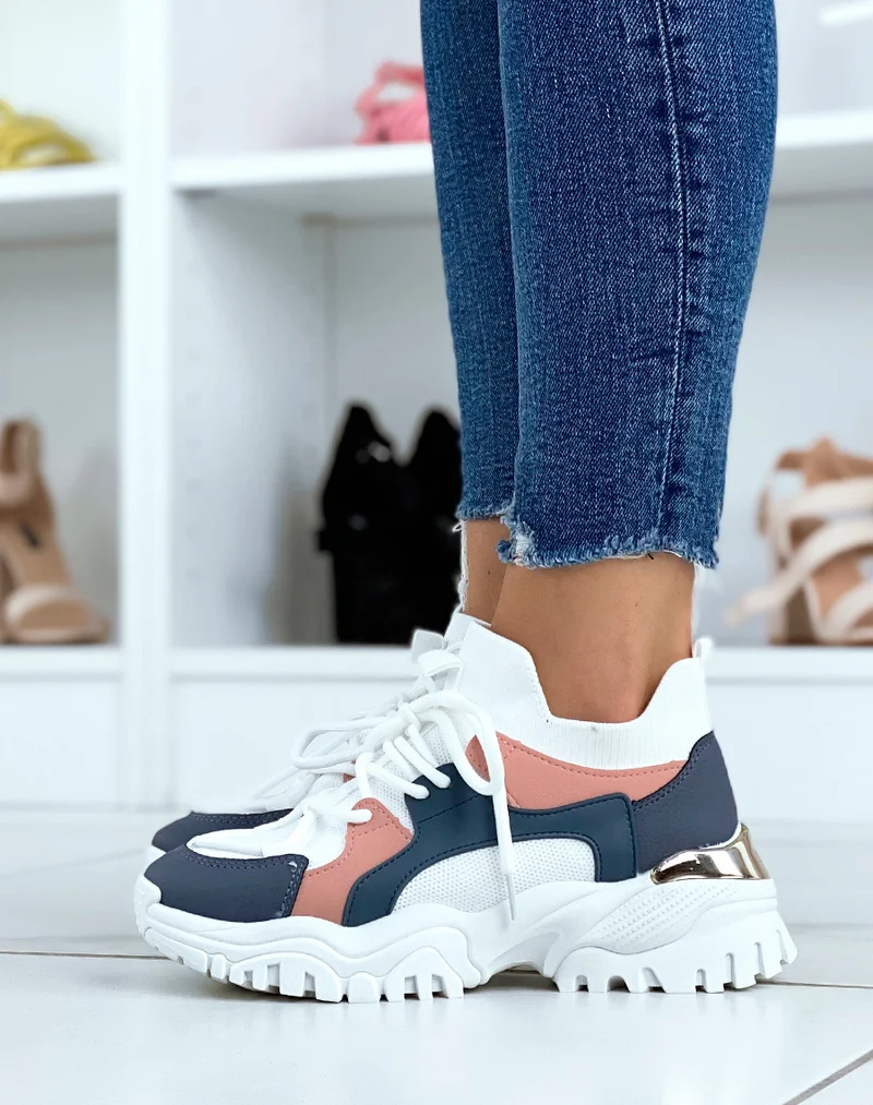 Baskets blanches et bleues effet chaussette
