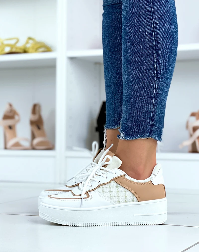 Baskets blanches et beiges effet tweed