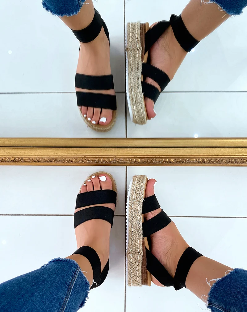 Sandales noires à multiples brides et semelle en jute