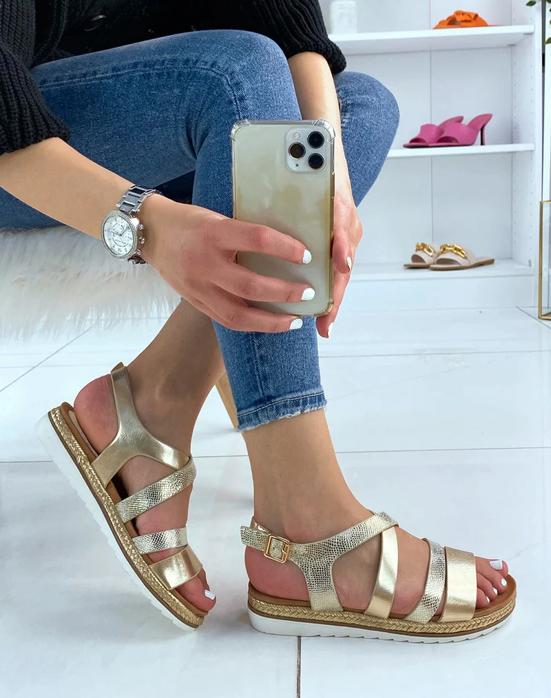 Nu-pieds dorés à semelle en jute doré