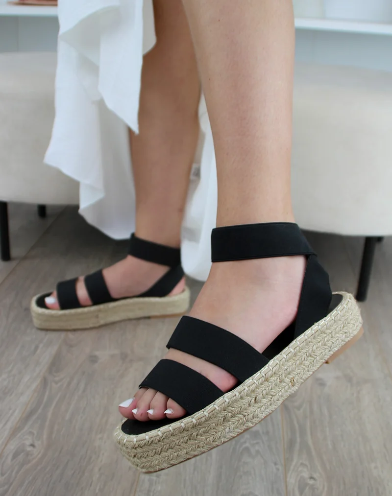 Sandales compensées noires à brides élastiques