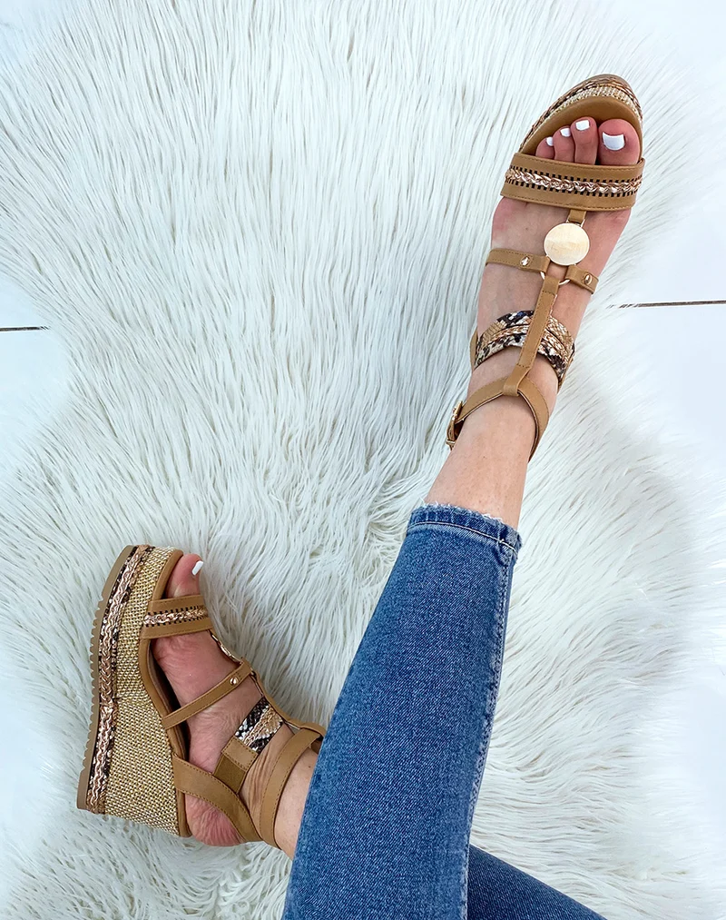 Sandales compensées camel et rose gold