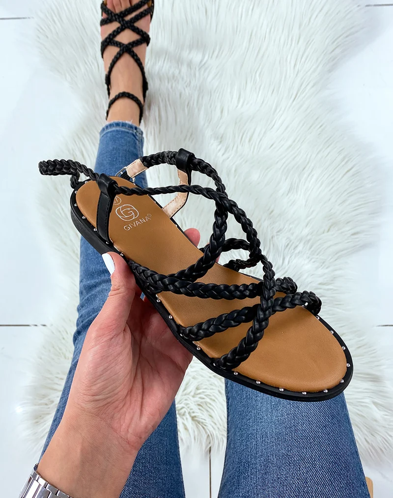 Nu-pieds noirs avec multiples brides tressées