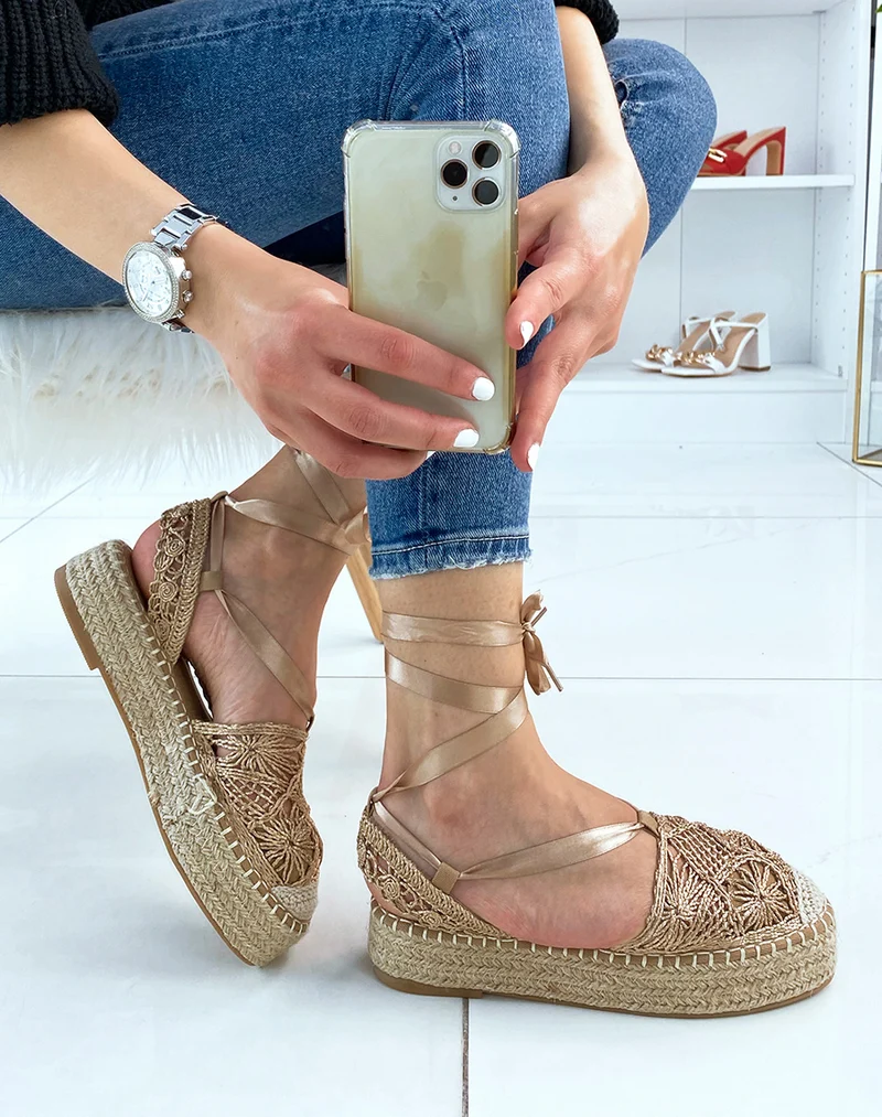 Espadrilles rose gold à talon en jute