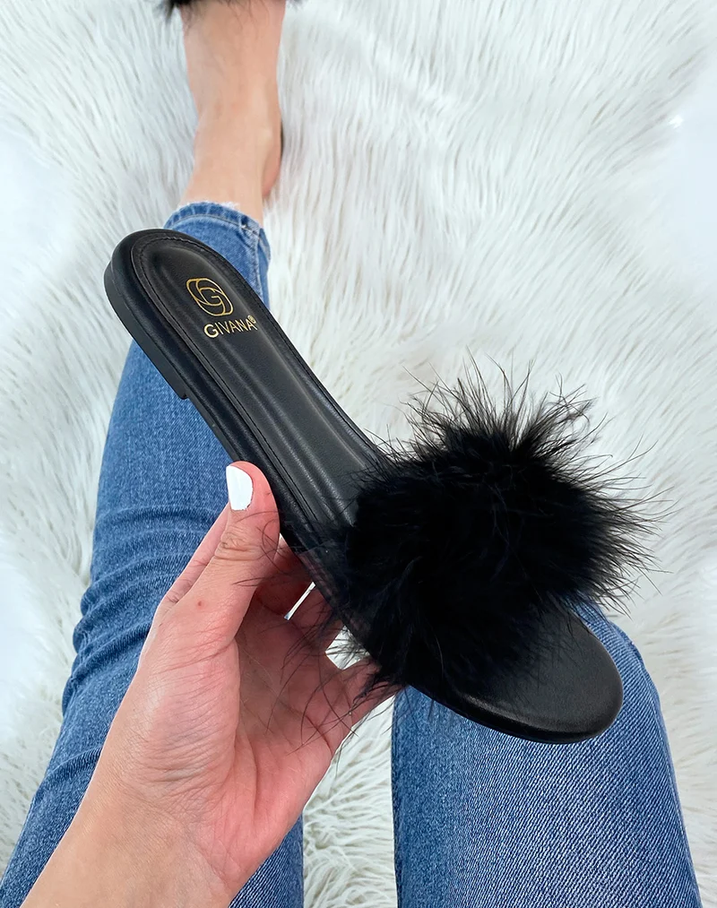 Mules plates noires à plumes
