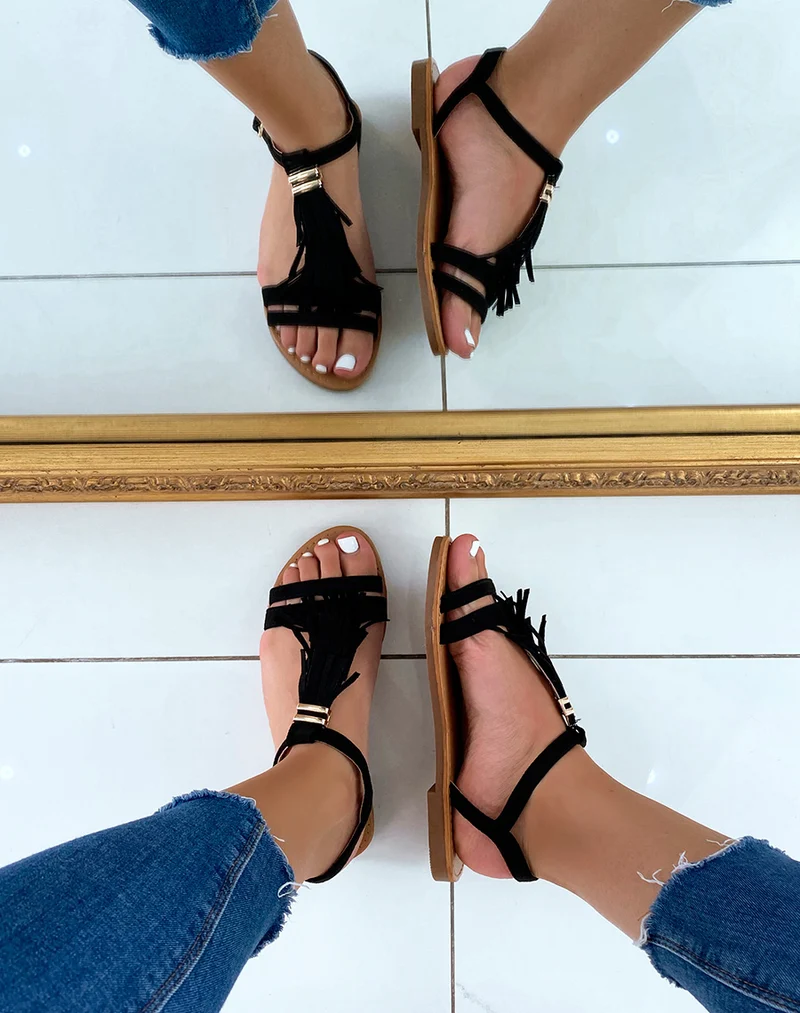 Nu-pieds en suédine noires à frange et détail doré