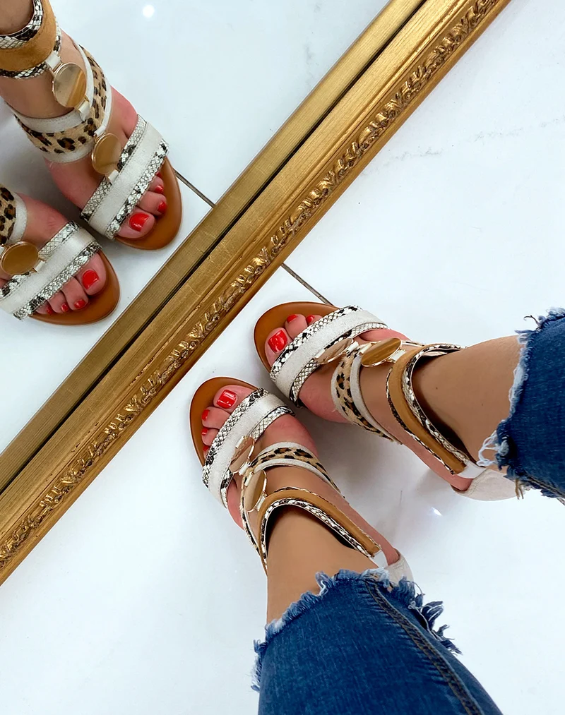 Sandales à talon beige à multiples motifs animaliers