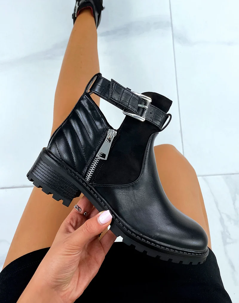 Bottines basses noires zipées à lanières